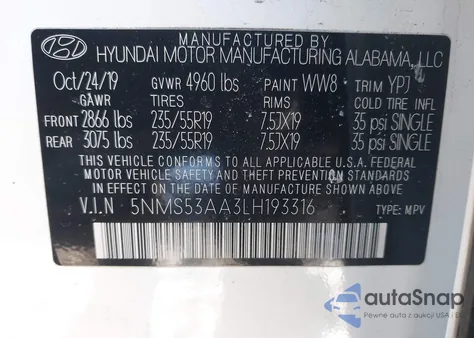 2020 Hyundai Santa Fe Limited 2.0T из США, поврежденный, VIN 5NMS53AA3LH193316